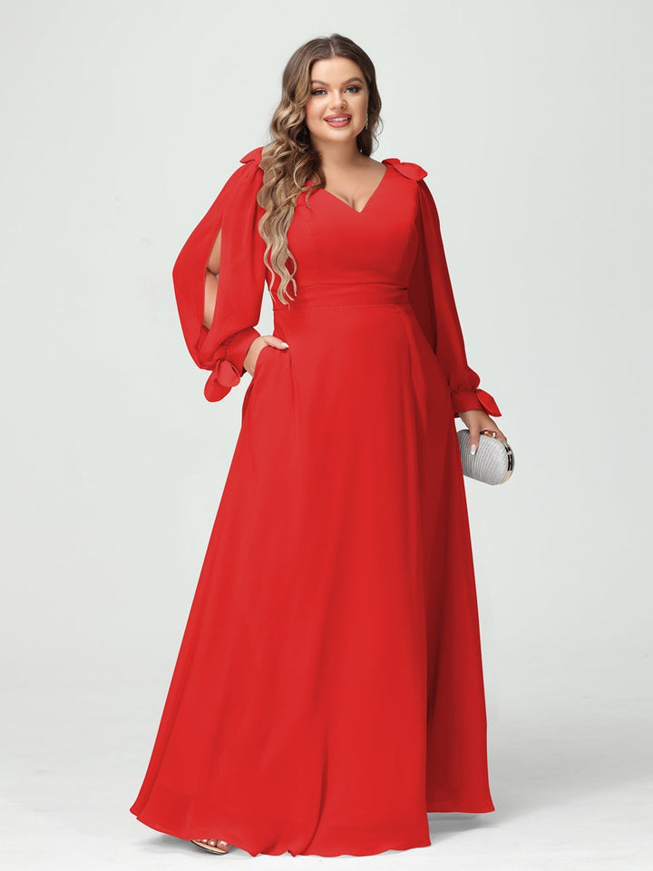 A-Line/Princess V-Neck Long Sleeves Chiffon Split Side Plus Size Bridesmaid Dresses with Pockets