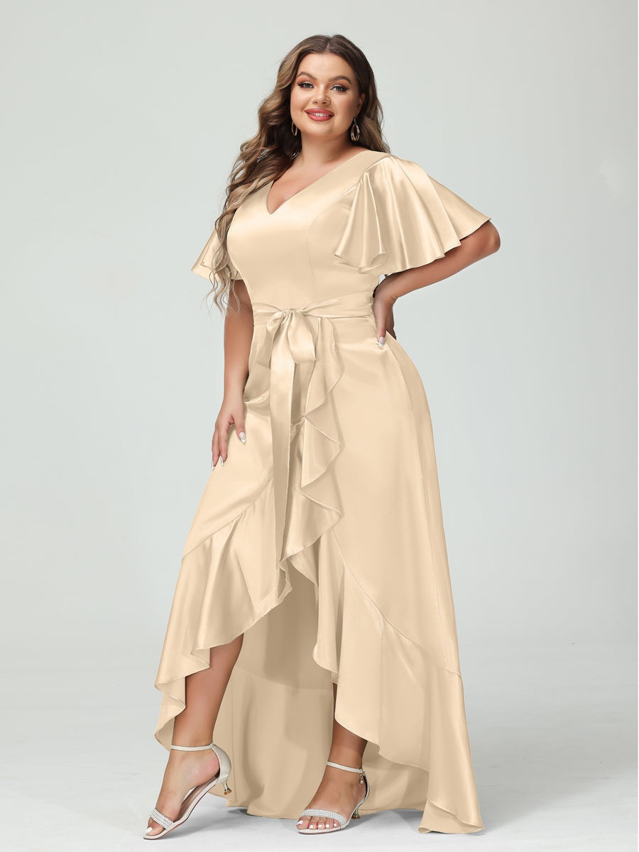 Sheath/Column V-Neck Short Sleeves Ruffles Asymmetrical Plus Size Dresses with Pockets & Sash