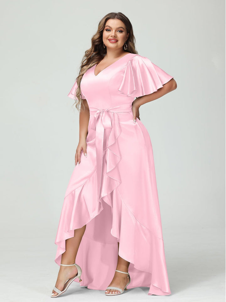 Sheath/Column V-Neck Short Sleeves Ruffles Asymmetrical Plus Size Dresses with Pockets & Sash