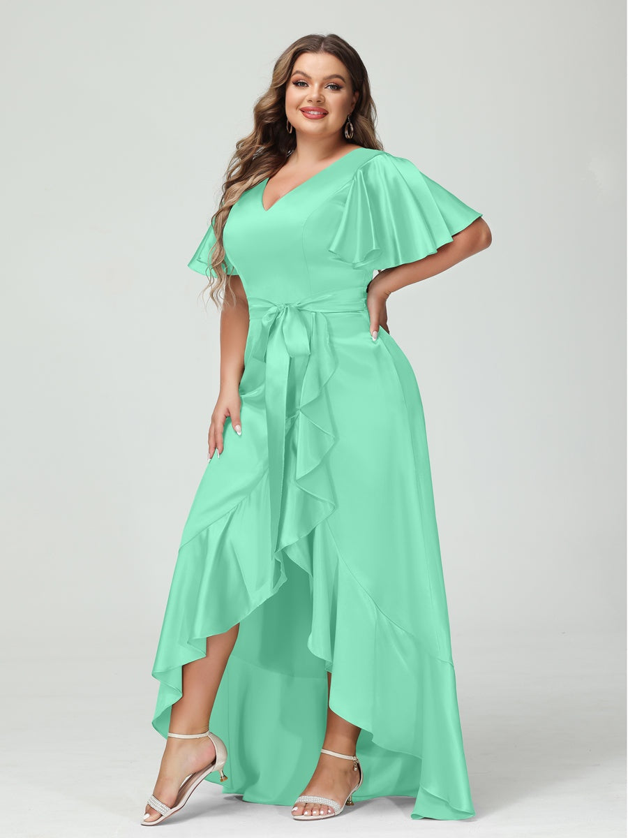 Sheath/Column V-Neck Short Sleeves Ruffles Asymmetrical Plus Size Dresses with Pockets & Sash