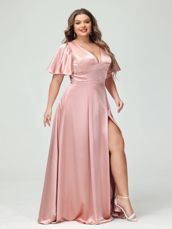 A-Line V-Neck Half Sleeves Silk Satin Plus Size Bridesmaid Dresses with Pockets