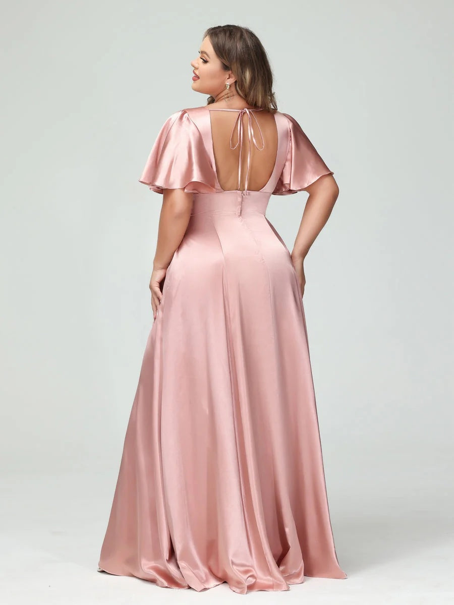 A-Line V-Neck Half Sleeves Silk Satin Plus Size Bridesmaid Dresses with Pockets