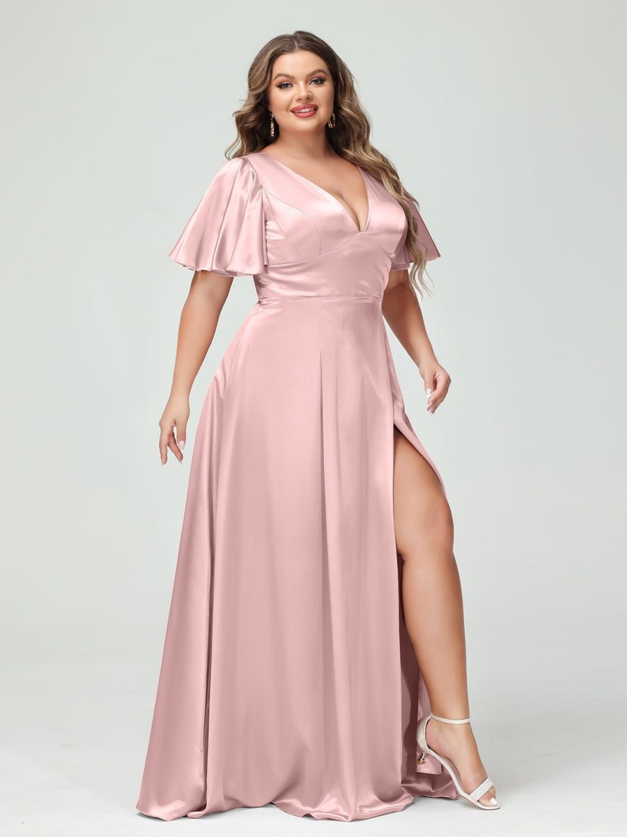 A-Line V-Neck Half Sleeves Silk Satin Plus Size Bridesmaid Dresses with Pockets