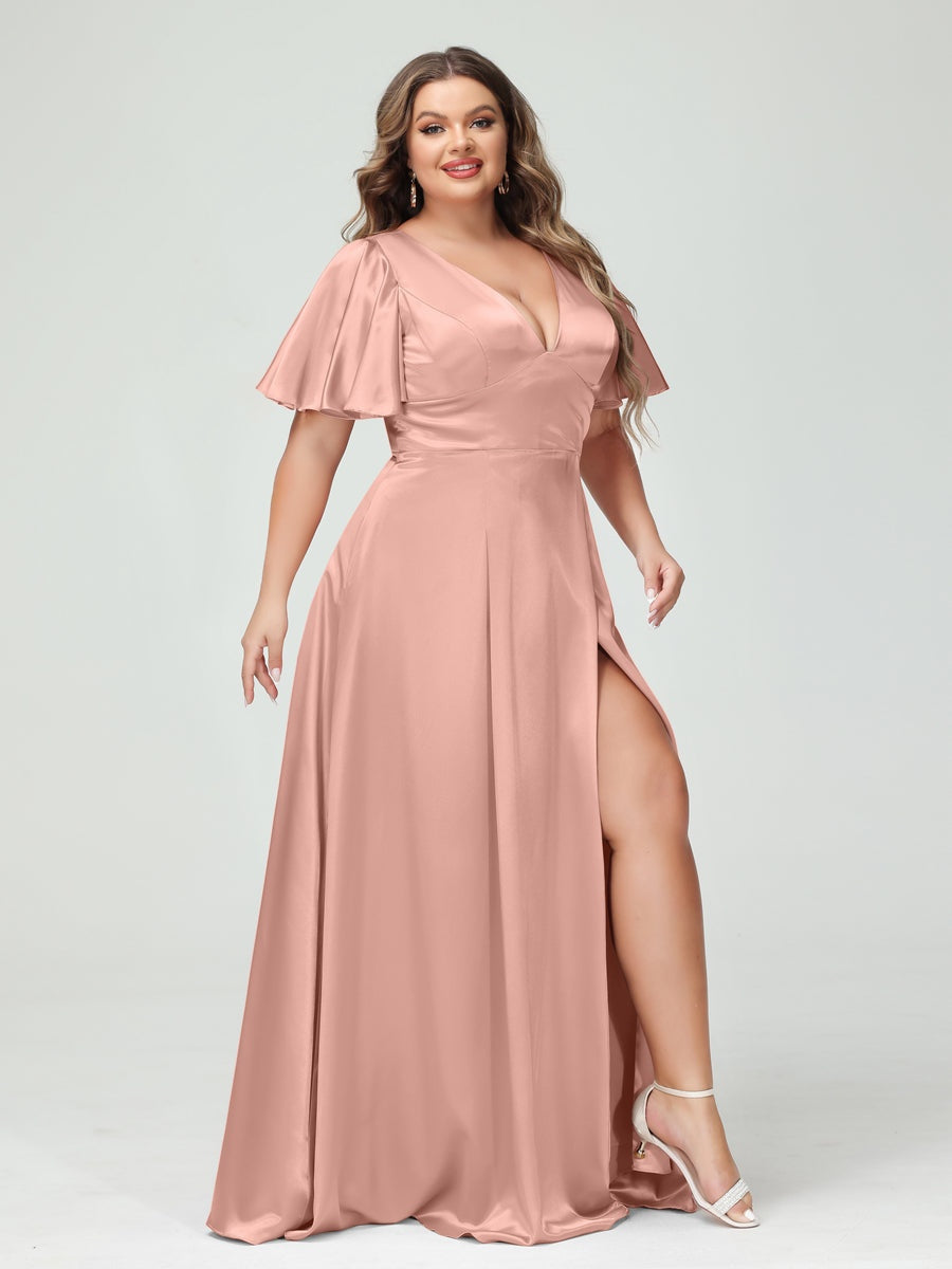 A-Line V-Neck Half Sleeves Silk Satin Plus Size Bridesmaid Dresses with Pockets