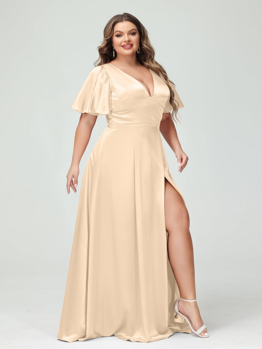 A-Line V-Neck Half Sleeves Silk Satin Plus Size Bridesmaid Dresses with Pockets