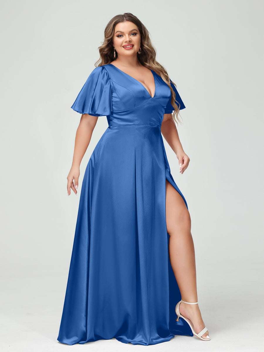 A-Line V-Neck Half Sleeves Silk Satin Plus Size Bridesmaid Dresses with Pockets