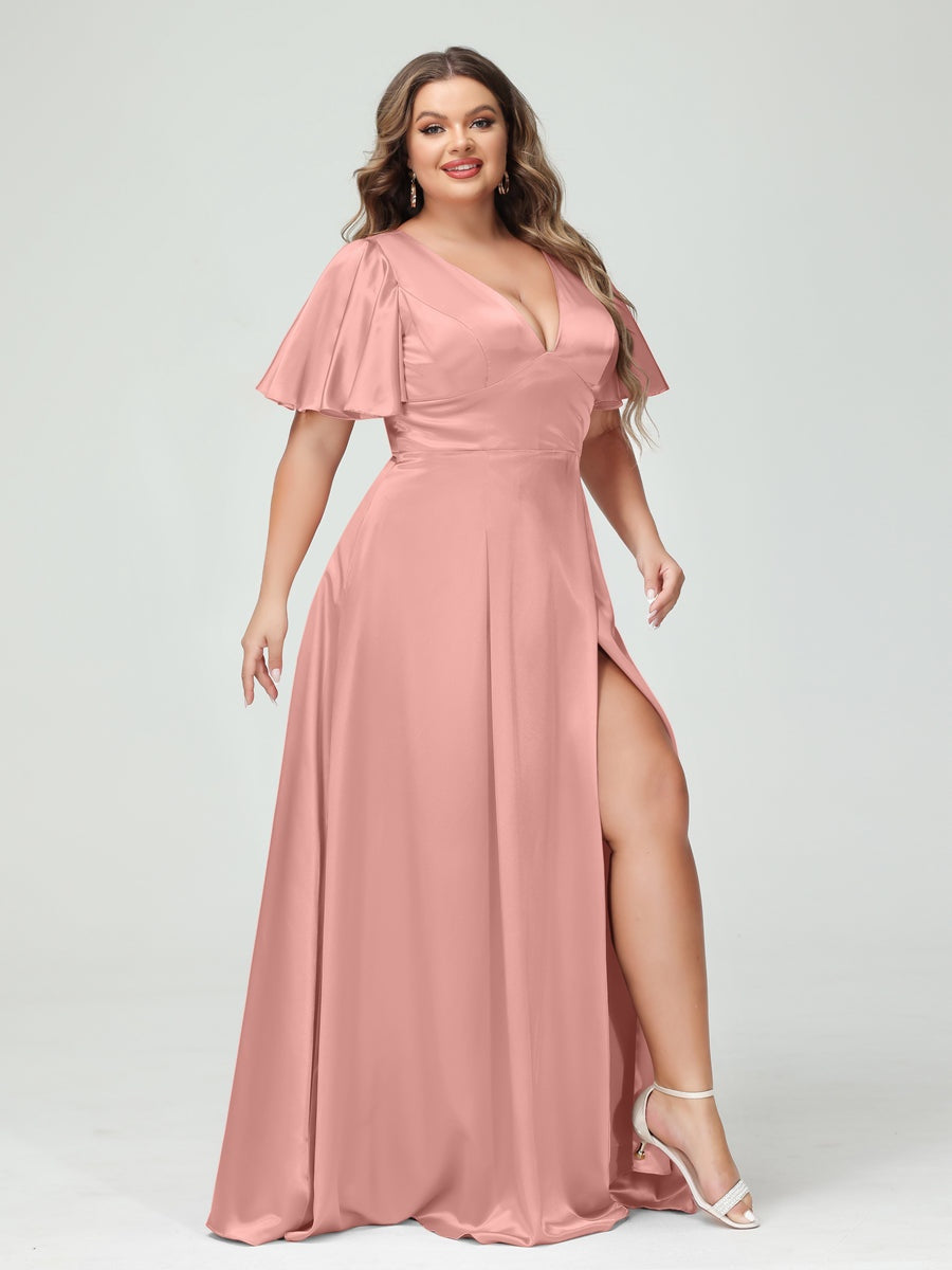 A-Line V-Neck Half Sleeves Silk Satin Plus Size Bridesmaid Dresses with Pockets