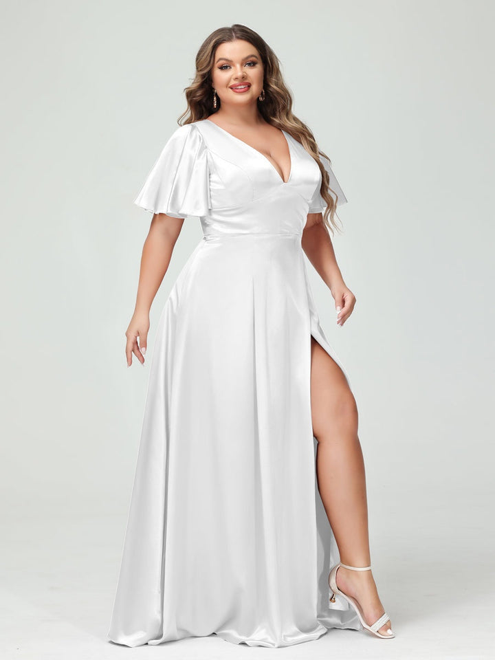 A-Line V-Neck Half Sleeves Silk Satin Plus Size Bridesmaid Dresses with Pockets