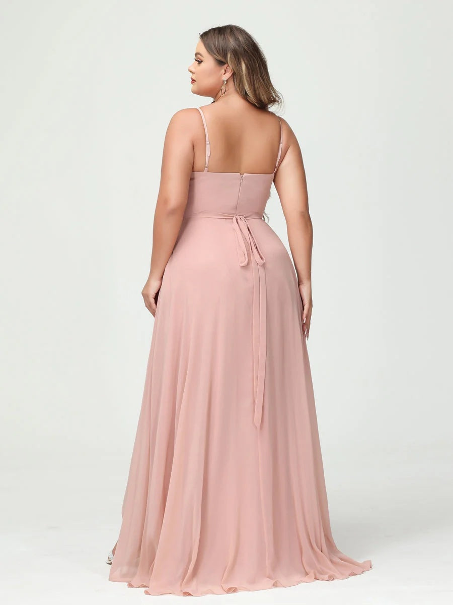 A-Line/Princess Spaghetti Straps Chiffon Ruffles Asymmetrical Plus Size Bridesmaid Dresses with Pockets