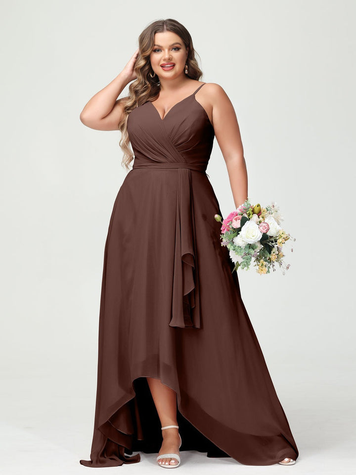 A-Line/Princess Spaghetti Straps Chiffon Ruffles Asymmetrical Plus Size Bridesmaid Dresses with Pockets