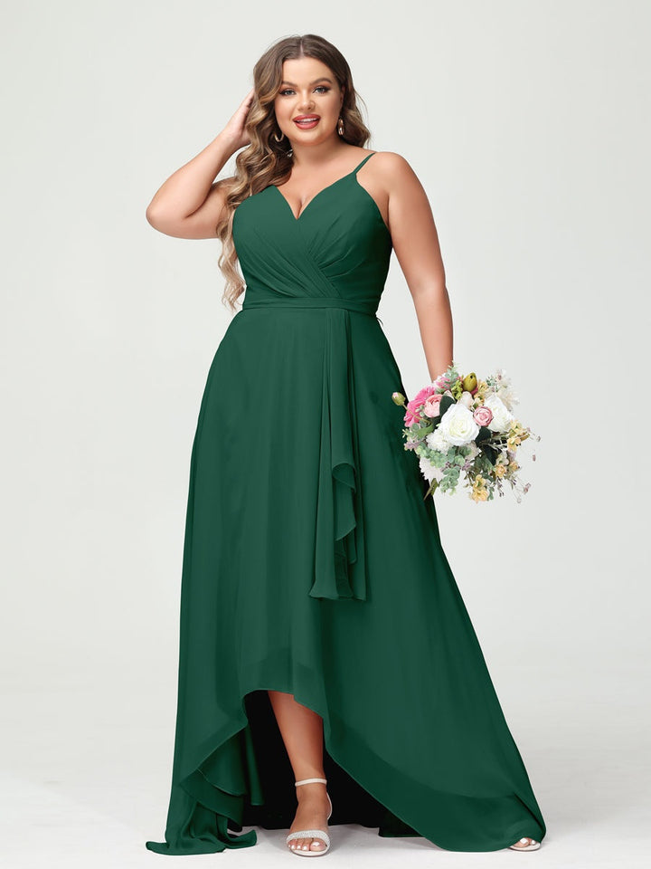 A-Line/Princess Spaghetti Straps Chiffon Ruffles Asymmetrical Plus Size Bridesmaid Dresses with Pockets