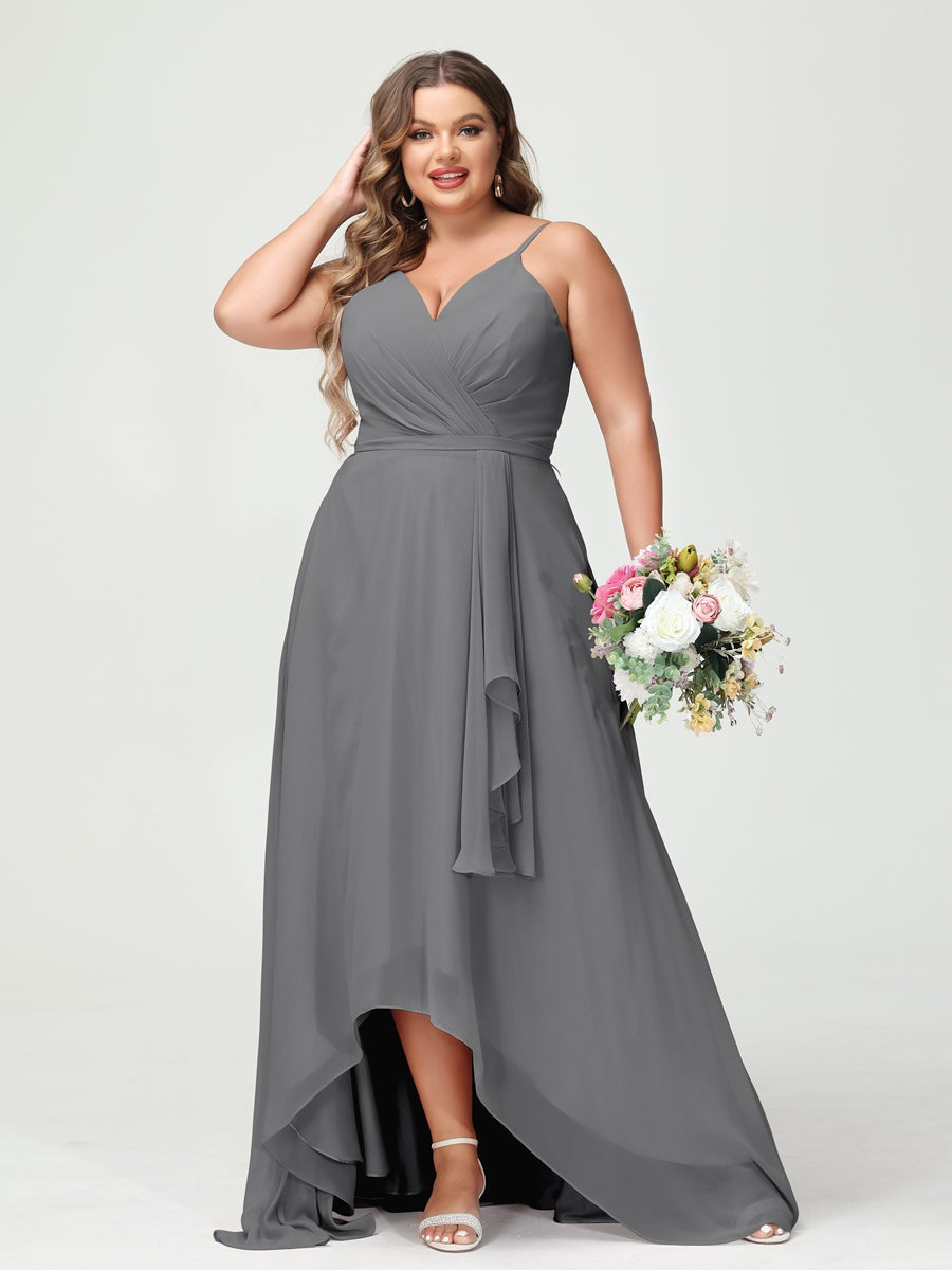 A-Line/Princess Spaghetti Straps Chiffon Ruffles Asymmetrical Plus Size Bridesmaid Dresses with Pockets