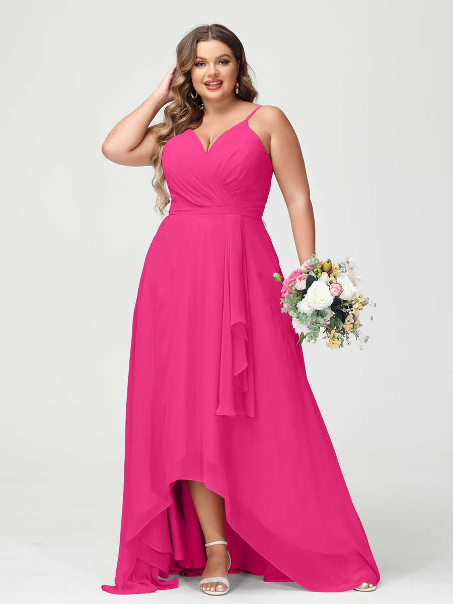 A-Line/Princess Spaghetti Straps Chiffon Ruffles Asymmetrical Plus Size Bridesmaid Dresses with Pockets