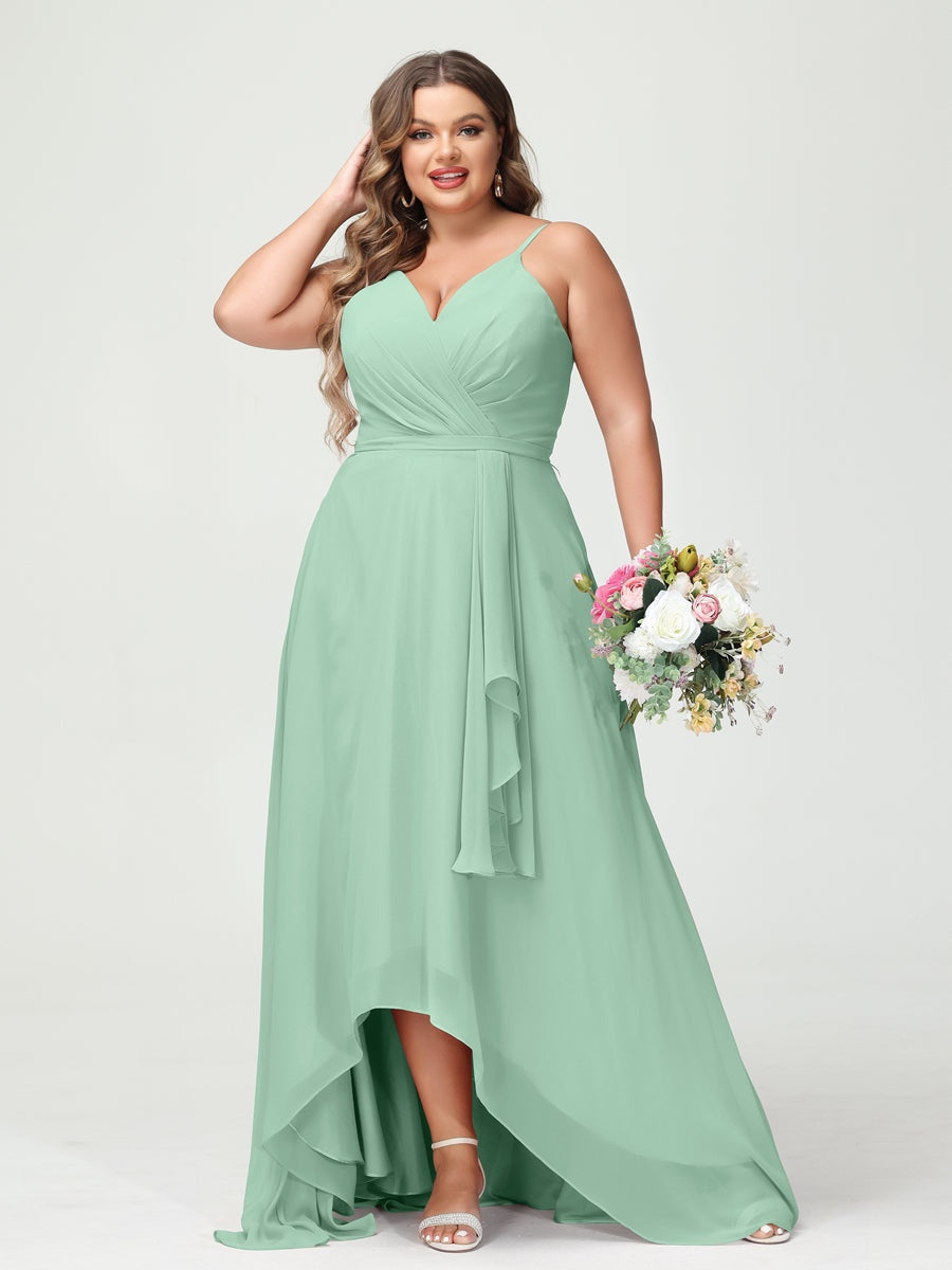 A-Line/Princess Spaghetti Straps Chiffon Ruffles Asymmetrical Plus Size Bridesmaid Dresses with Pockets