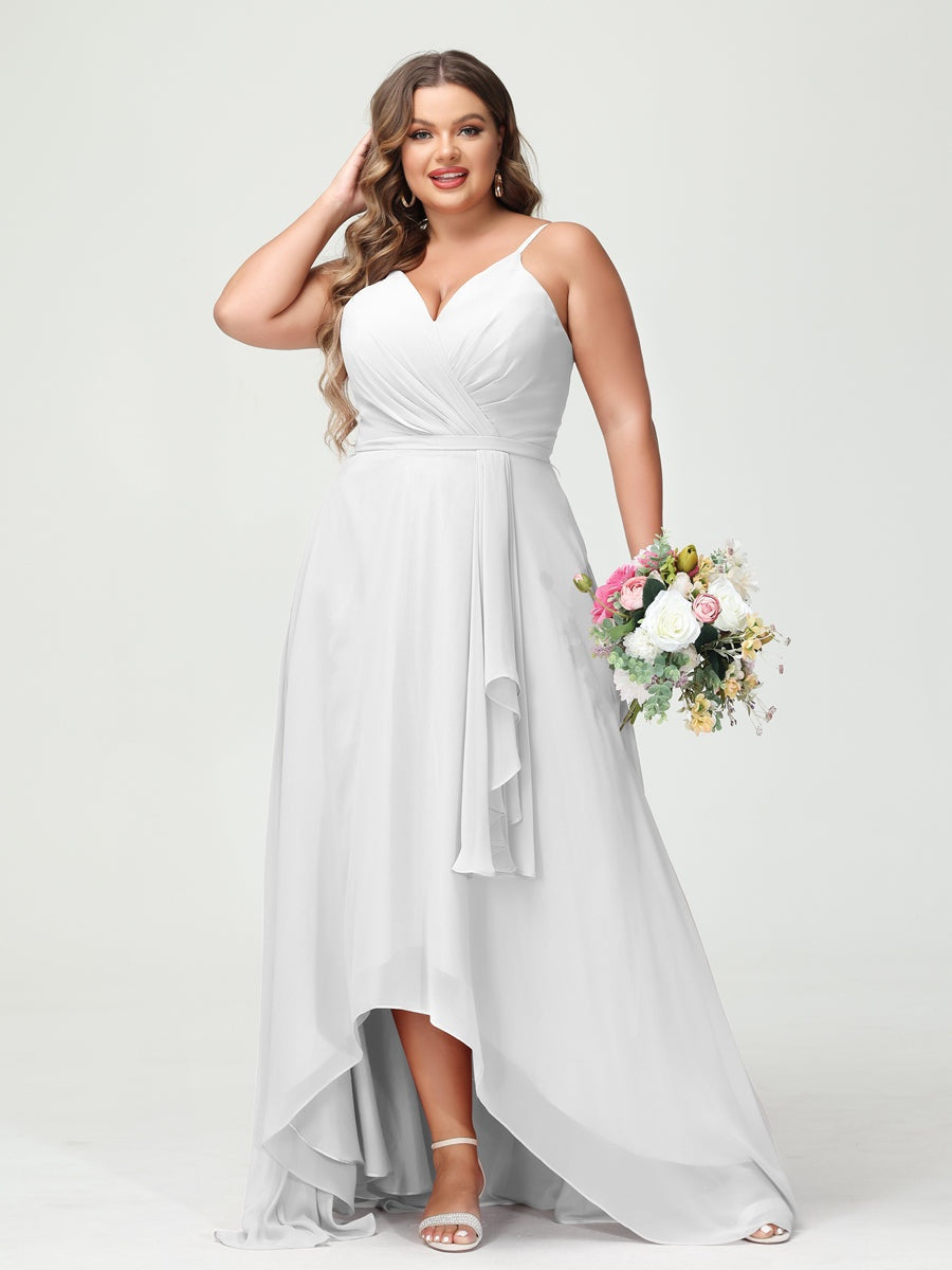 A-Line/Princess Spaghetti Straps Chiffon Ruffles Asymmetrical Plus Size Bridesmaid Dresses with Pockets