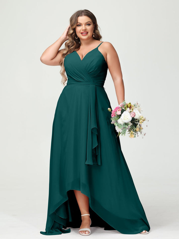 A-Line/Princess Spaghetti Straps Chiffon Ruffles Asymmetrical Plus Size Bridesmaid Dresses with Pockets