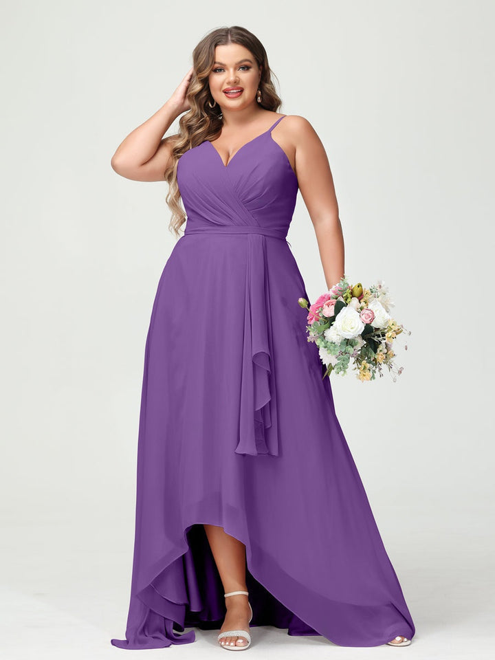 A-Line/Princess Spaghetti Straps Chiffon Ruffles Asymmetrical Plus Size Bridesmaid Dresses with Pockets