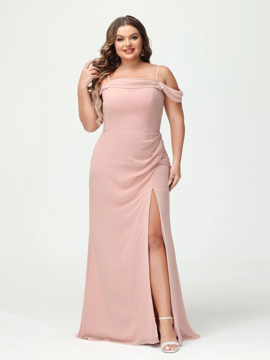 Sheath/Column Spaghetti Straps Off-the-Shoulder Chiffon Split Side Plus Size Bridesmaid Dresses