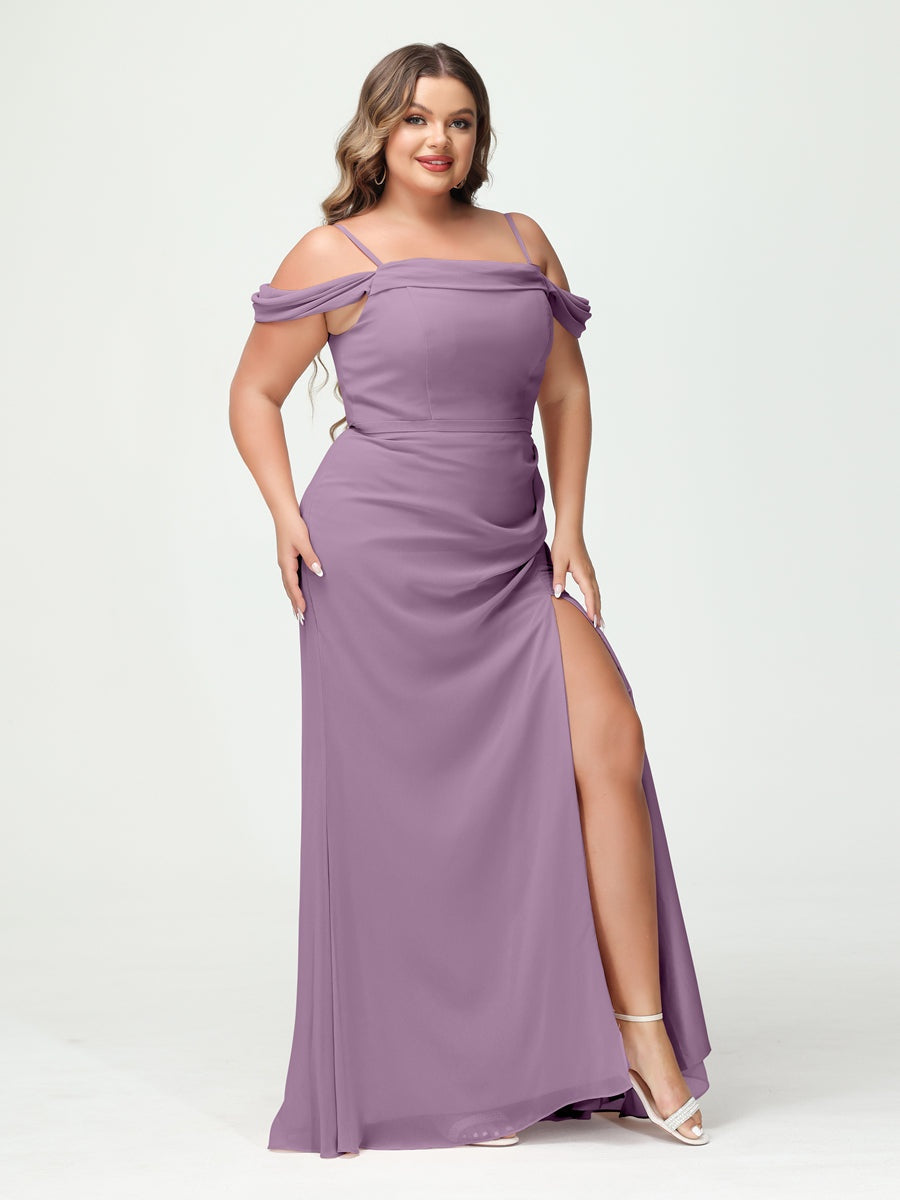 Sheath/Column Spaghetti Straps Off-the-Shoulder Chiffon Split Side Plus Size Bridesmaid Dresses