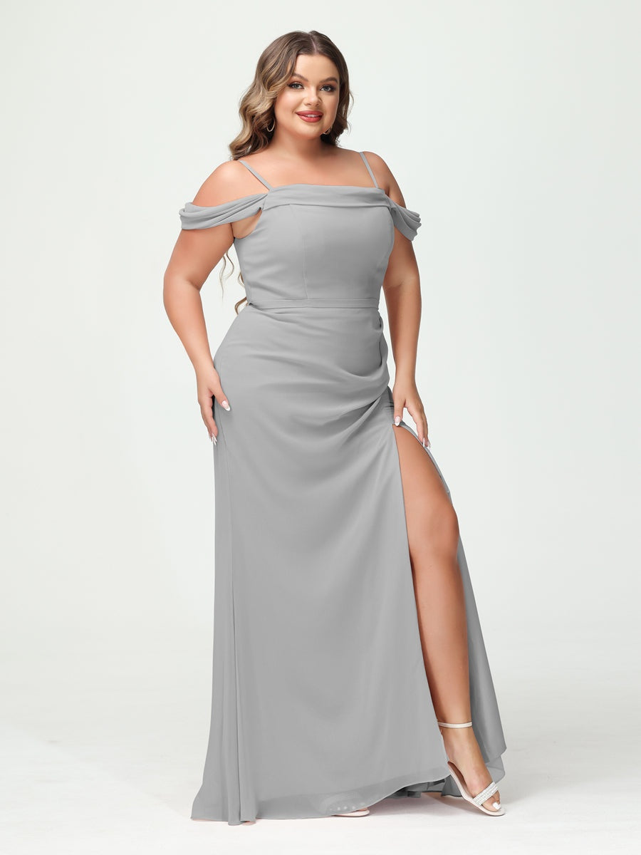 Sheath/Column Spaghetti Straps Off-the-Shoulder Chiffon Split Side Plus Size Bridesmaid Dresses