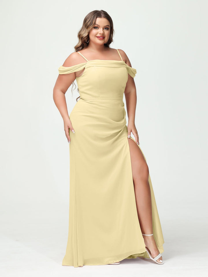 Sheath/Column Spaghetti Straps Off-the-Shoulder Chiffon Split Side Plus Size Bridesmaid Dresses