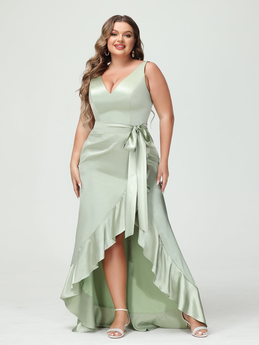 Sheath/Column V-Neck Sleeveless Ruffles High Low Plus Size Dresses with Pockets & Sash