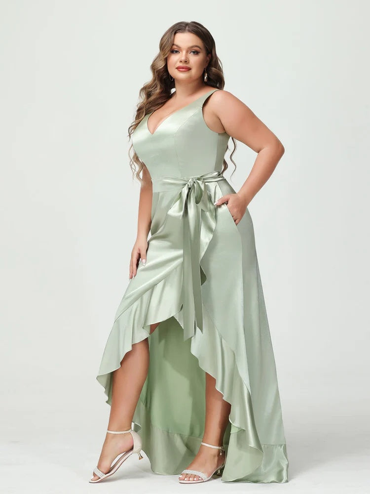 Sheath/Column V-Neck Sleeveless Ruffles High Low Plus Size Dresses with Pockets & Sash