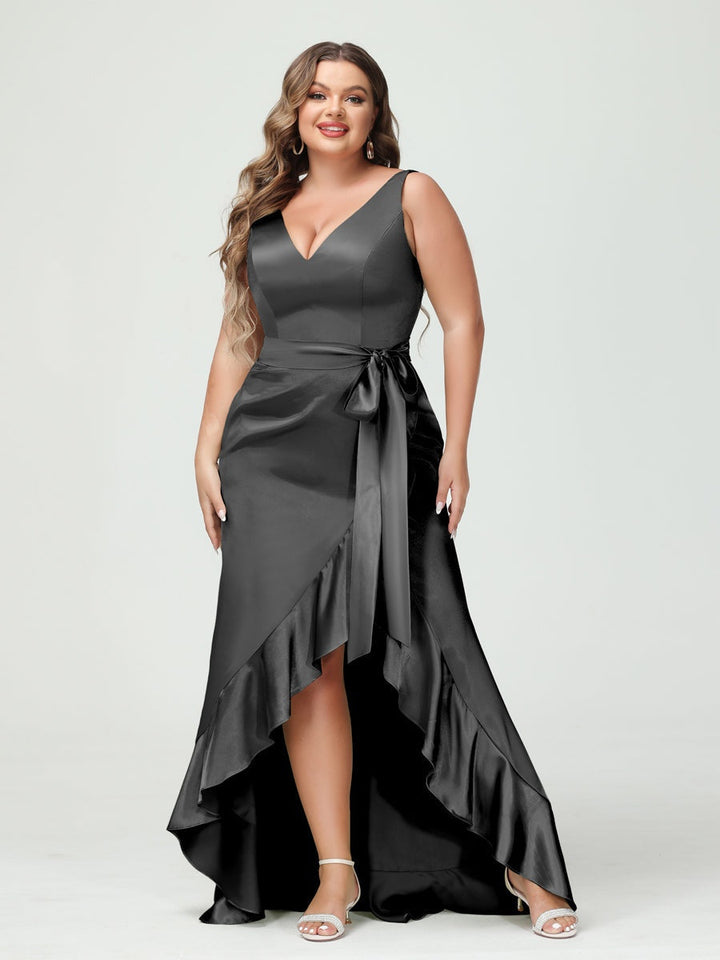 Sheath/Column V-Neck Sleeveless Ruffles High Low Plus Size Dresses with Pockets & Sash