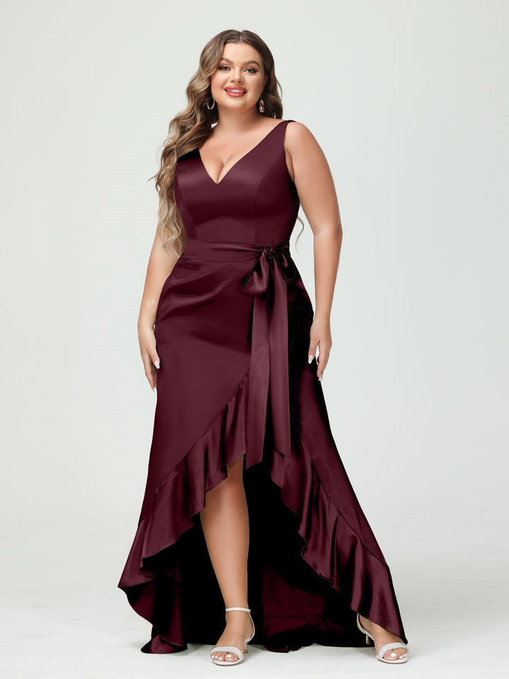 Sheath/Column V-Neck Sleeveless Ruffles High Low Plus Size Dresses with Pockets & Sash