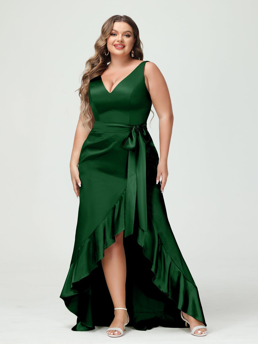 Sheath/Column V-Neck Sleeveless Ruffles High Low Plus Size Dresses with Pockets & Sash