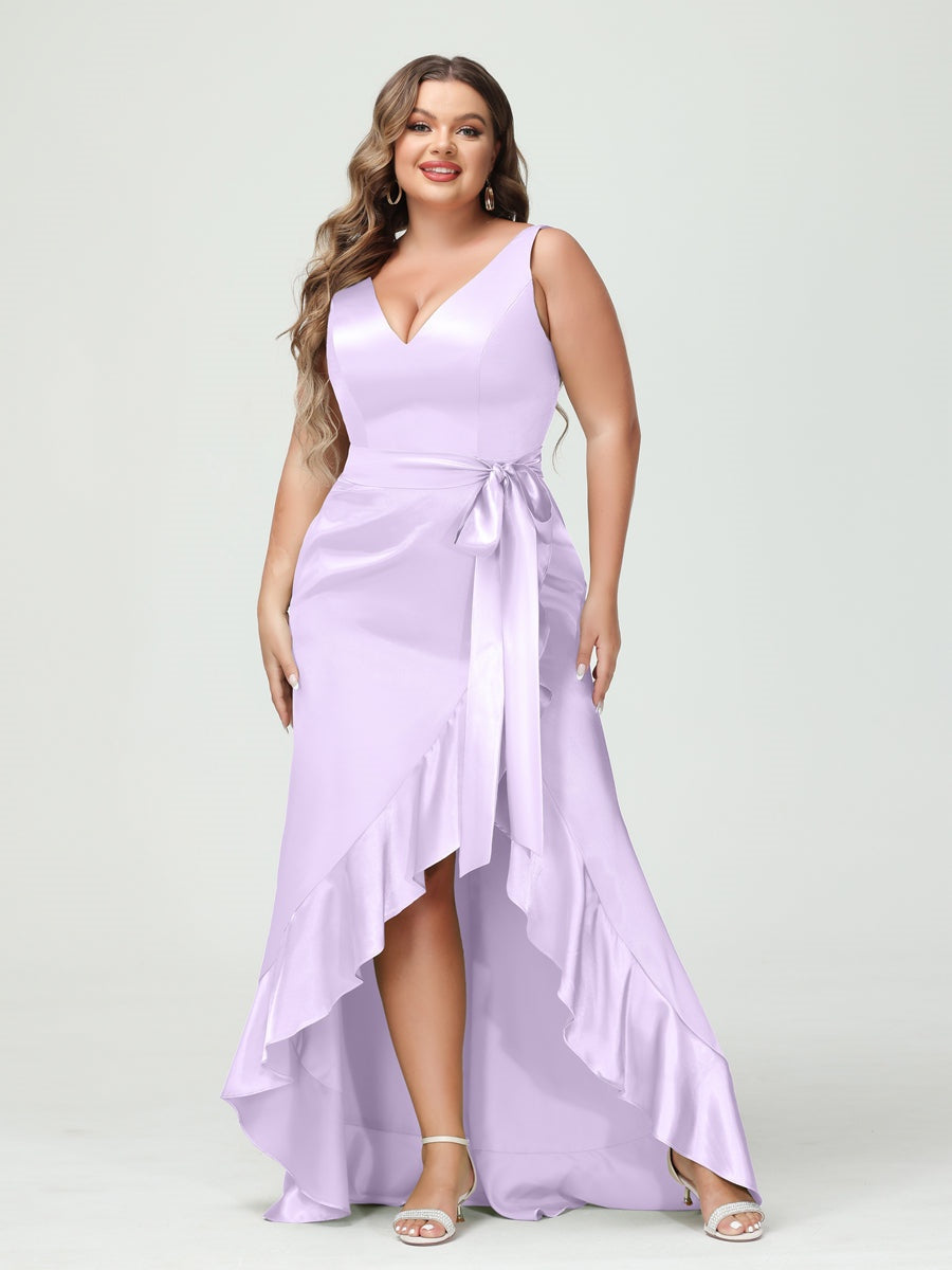 Sheath/Column V-Neck Sleeveless Ruffles High Low Plus Size Dresses with Pockets & Sash