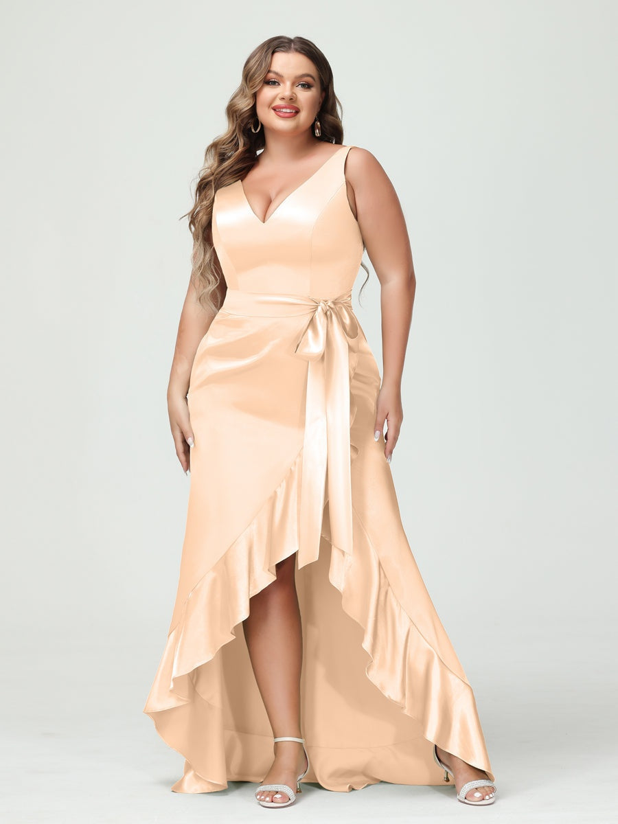 Sheath/Column V-Neck Sleeveless Ruffles High Low Plus Size Dresses with Pockets & Sash