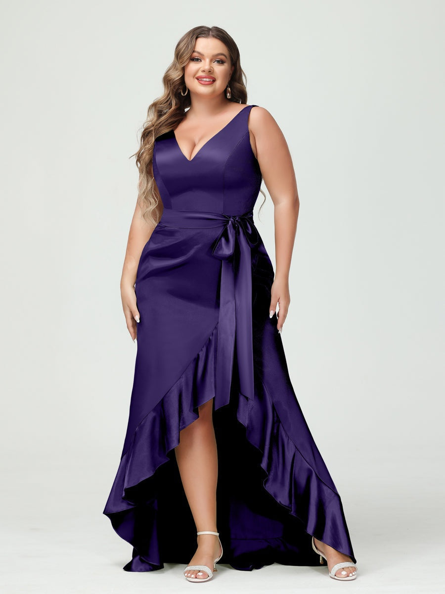 Sheath/Column V-Neck Sleeveless Ruffles High Low Plus Size Dresses with Pockets & Sash