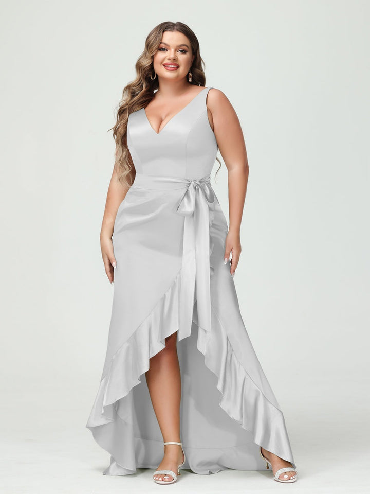 Sheath/Column V-Neck Sleeveless Ruffles High Low Plus Size Dresses with Pockets & Sash