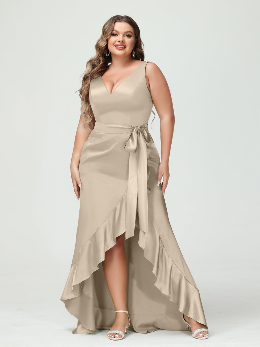 Sheath/Column V-Neck Sleeveless Ruffles High Low Plus Size Dresses with Pockets & Sash