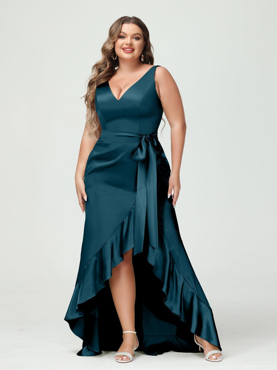 Sheath/Column V-Neck Sleeveless Ruffles High Low Plus Size Dresses with Pockets & Sash