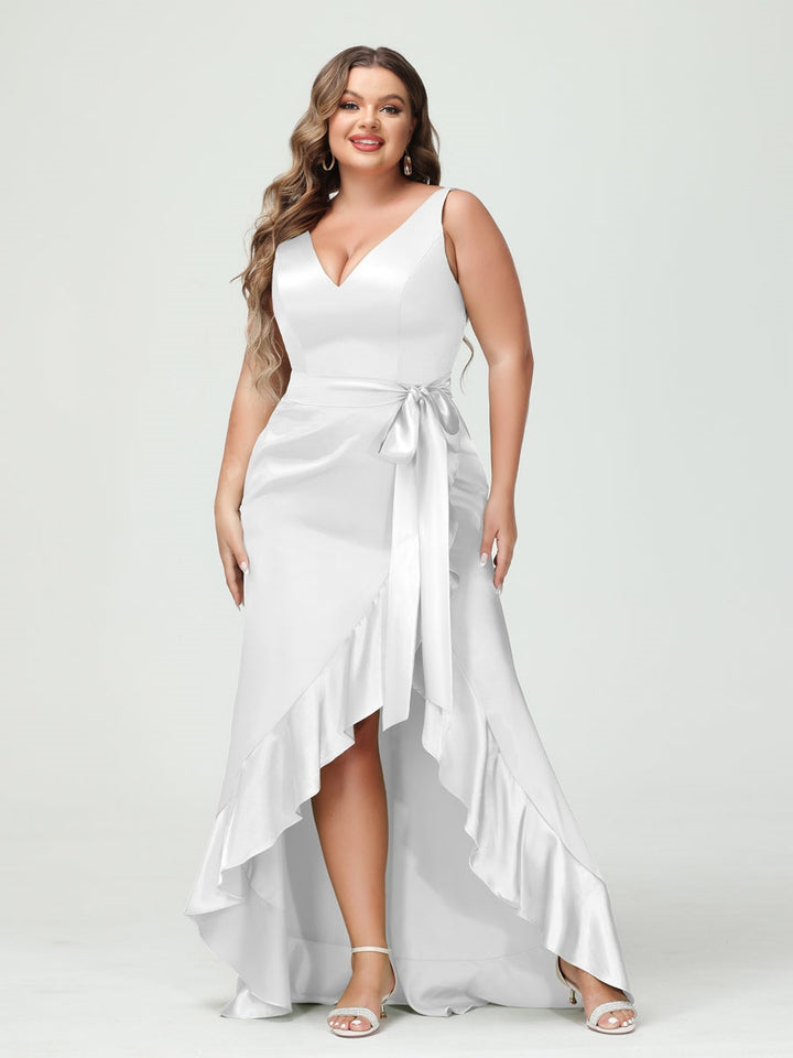 Sheath/Column V-Neck Sleeveless Ruffles High Low Plus Size Dresses with Pockets & Sash