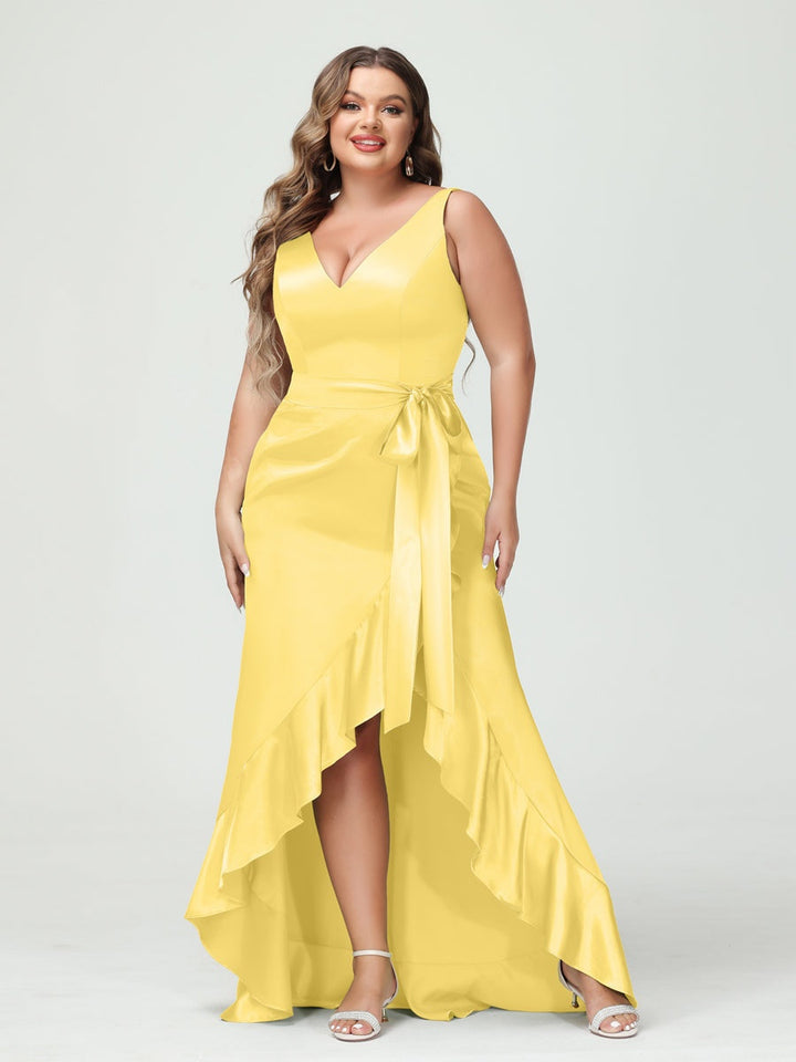 Sheath/Column V-Neck Sleeveless Ruffles High Low Plus Size Dresses with Pockets & Sash