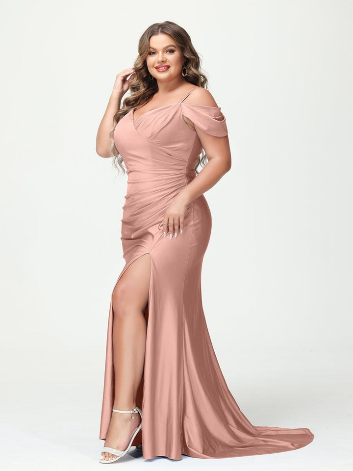 Mermaid Spaghetti Straps V-Neck Short Sleeves Plus Size Maxi Dresses with Split Side