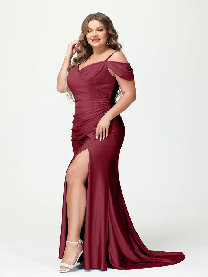 Mermaid Spaghetti Straps V-Neck Short Sleeves Plus Size Maxi Dresses with Split Side