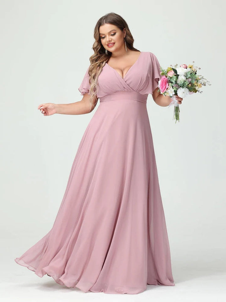 A-Line/Princess V-Neck Short Sleeves Chiffon Plus Size Bridesmaid Dresses with Pockets