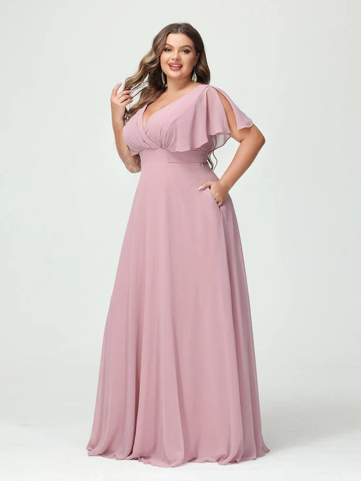 A-Line/Princess V-Neck Short Sleeves Chiffon Plus Size Bridesmaid Dresses with Pockets