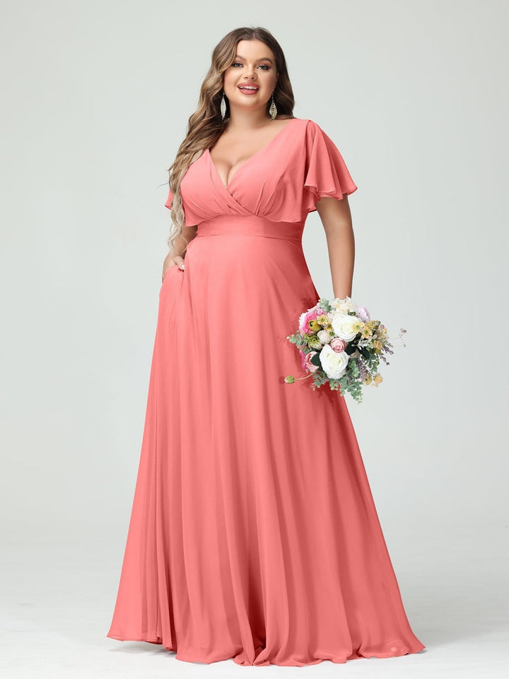 A-Line/Princess V-Neck Short Sleeves Chiffon Plus Size Bridesmaid Dresses with Pockets