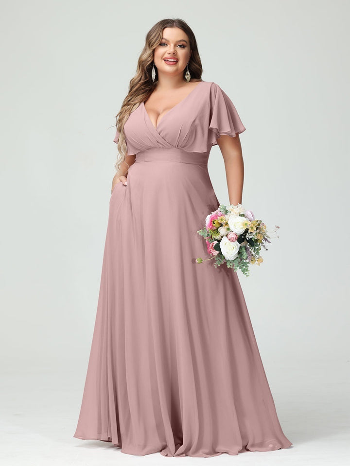 A-Line/Princess V-Neck Short Sleeves Chiffon Plus Size Bridesmaid Dresses with Pockets