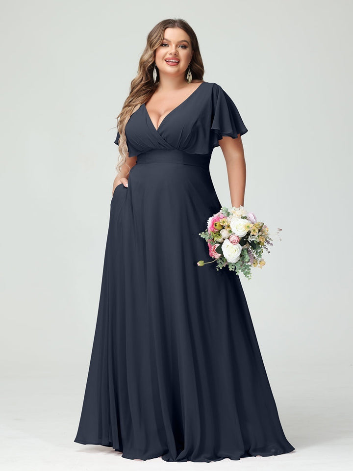 A-Line/Princess V-Neck Short Sleeves Chiffon Plus Size Bridesmaid Dresses with Pockets