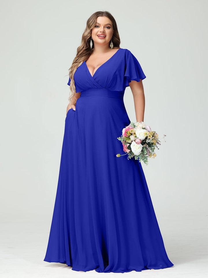 A-Line/Princess V-Neck Short Sleeves Chiffon Plus Size Bridesmaid Dresses with Pockets