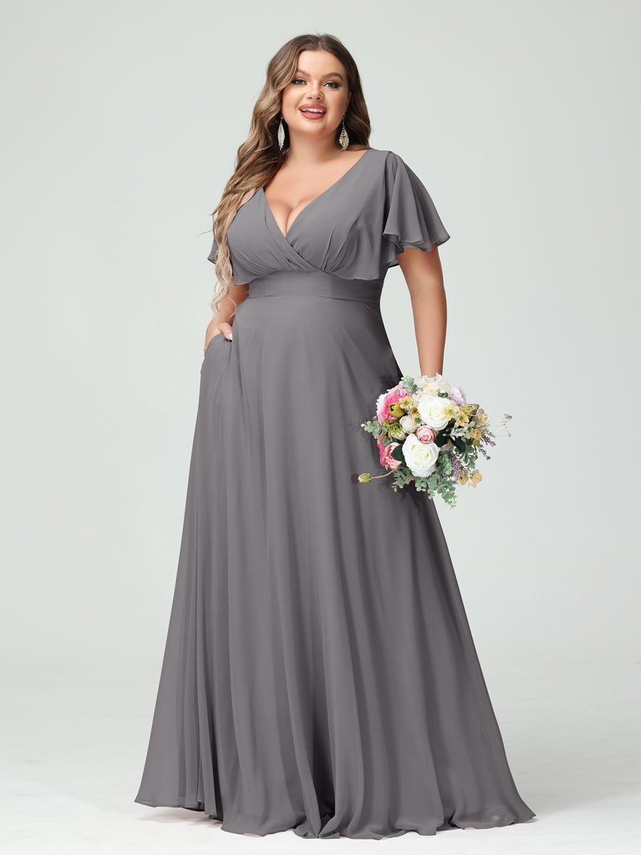 A-Line/Princess V-Neck Short Sleeves Chiffon Plus Size Bridesmaid Dresses with Pockets