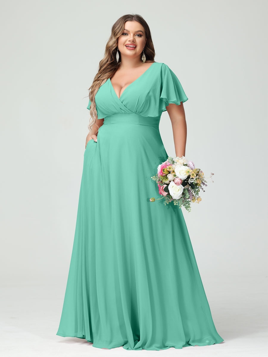 A-Line/Princess V-Neck Short Sleeves Chiffon Plus Size Bridesmaid Dresses with Pockets