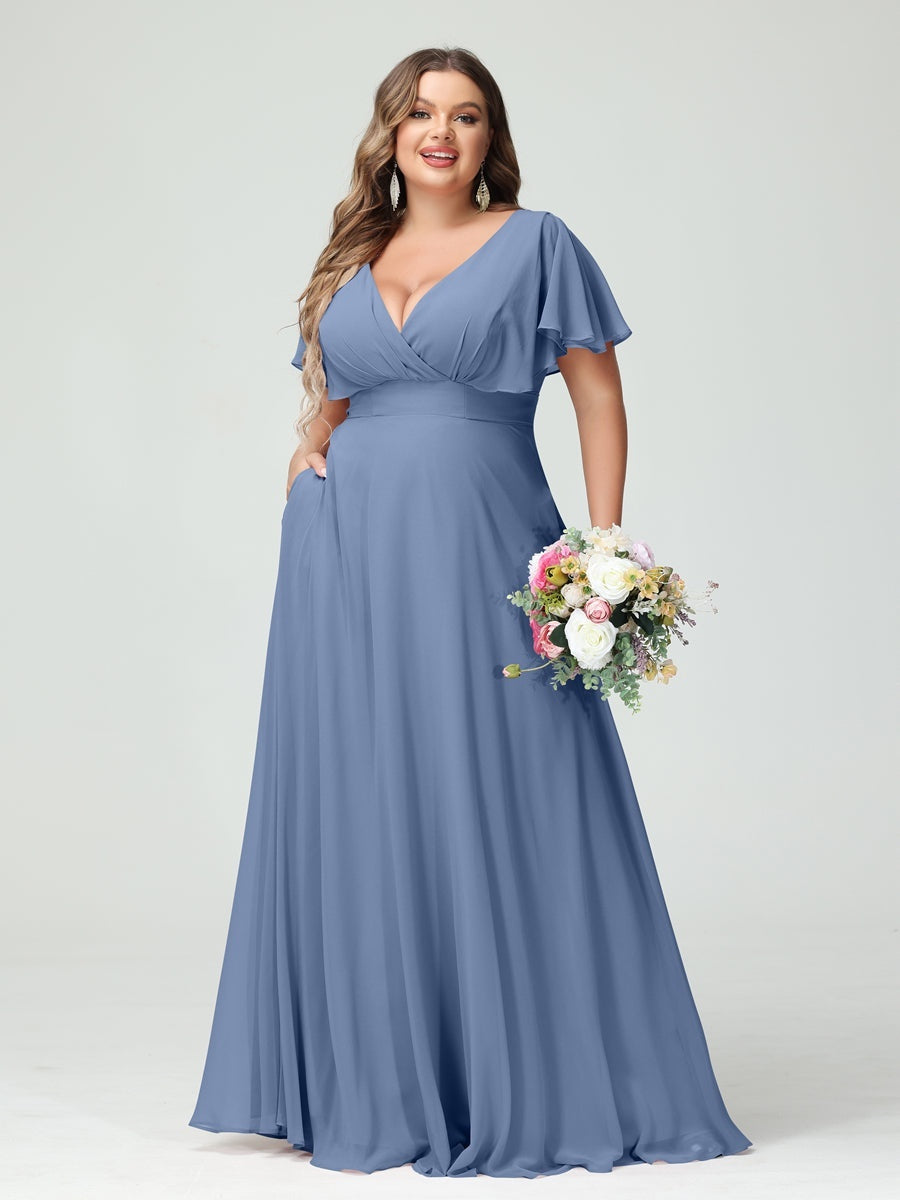 A-Line/Princess V-Neck Short Sleeves Chiffon Plus Size Bridesmaid Dresses with Pockets