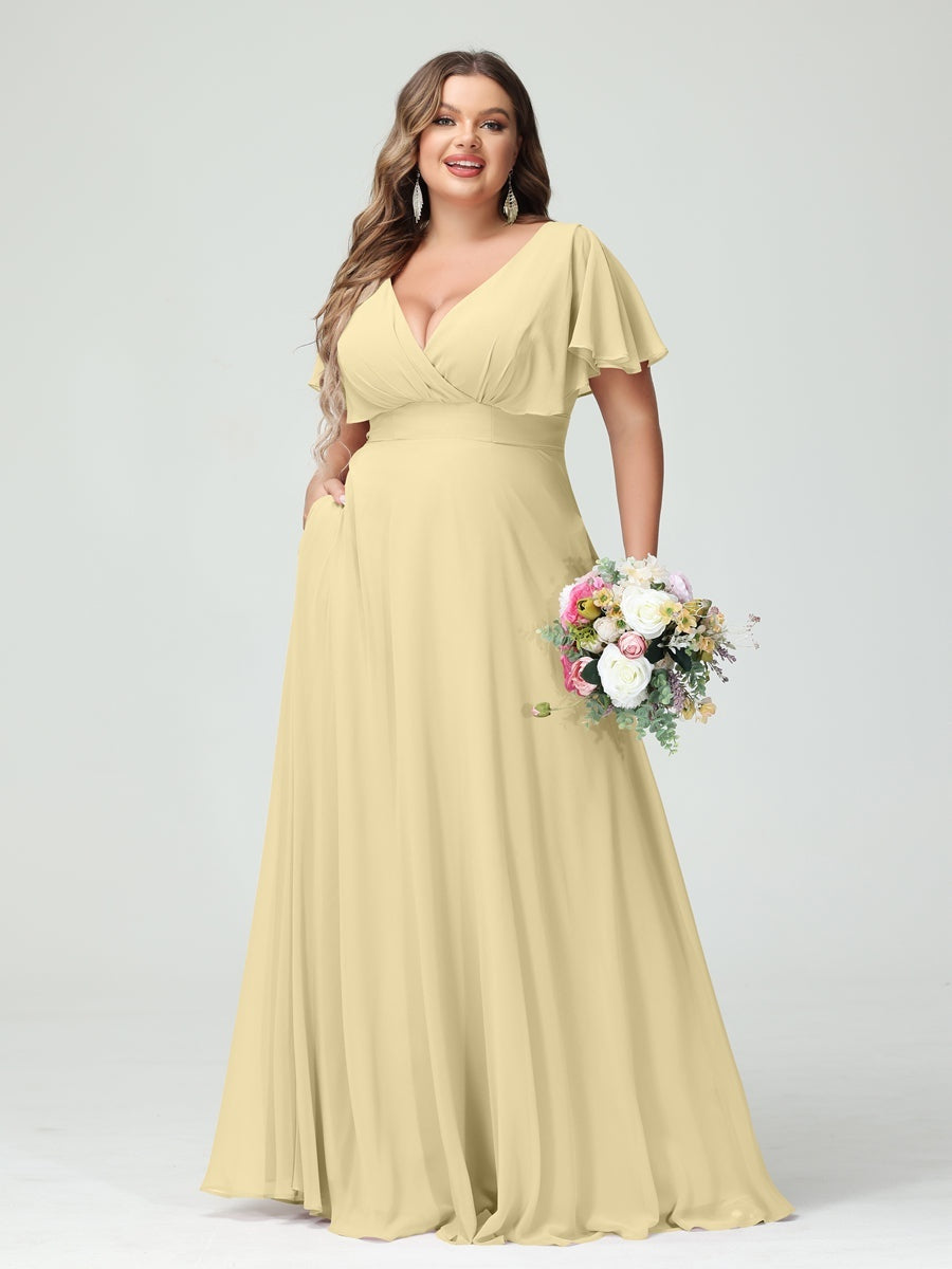 A-Line/Princess V-Neck Short Sleeves Chiffon Plus Size Bridesmaid Dresses with Pockets